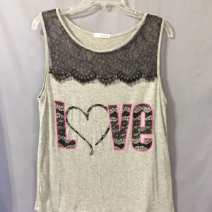 tank with LOVE across front and lace neck line